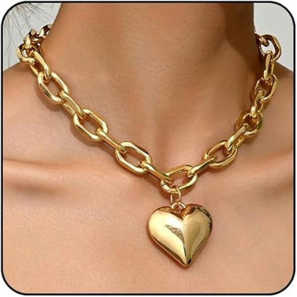 Chunky Heart Necklace Statement Necklace with Big Puffy Heart Gold Tone - Picture 7 of 7